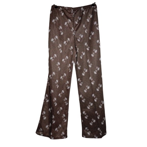 Vintage 70s Double Knit Polyester Flare Pants Floral Stripe Retro Disco Boho 16 - Picture 2 of 8